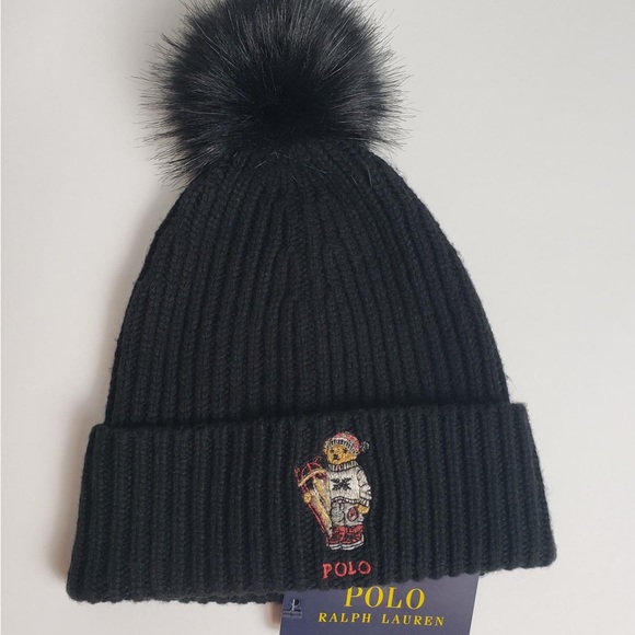 Polo Ralph Lauren Polo Bear Sled Bear Black Pom Pom Knit Beanie Limited - Picture 5 of 5